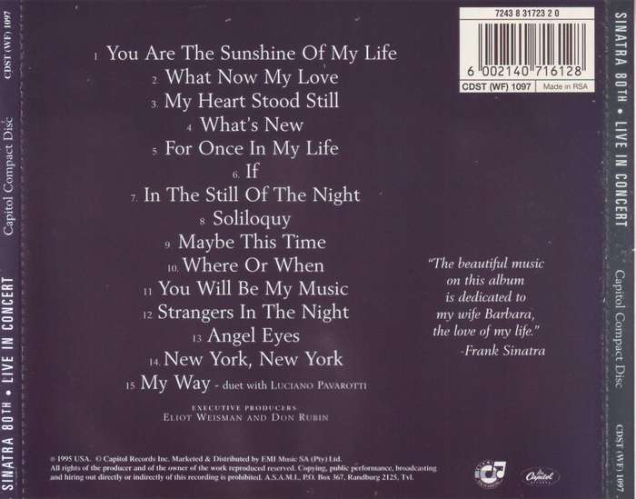 FRANK SINATRA - Sinatra 80th live in concert (CD) CDST (WF) 1098 EX