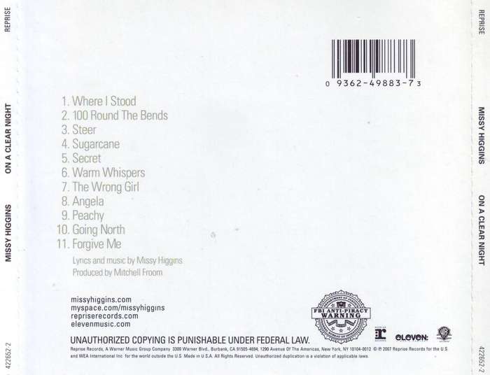 MISSY HIGGINS - On a clear night (CD) 422652-2  NM