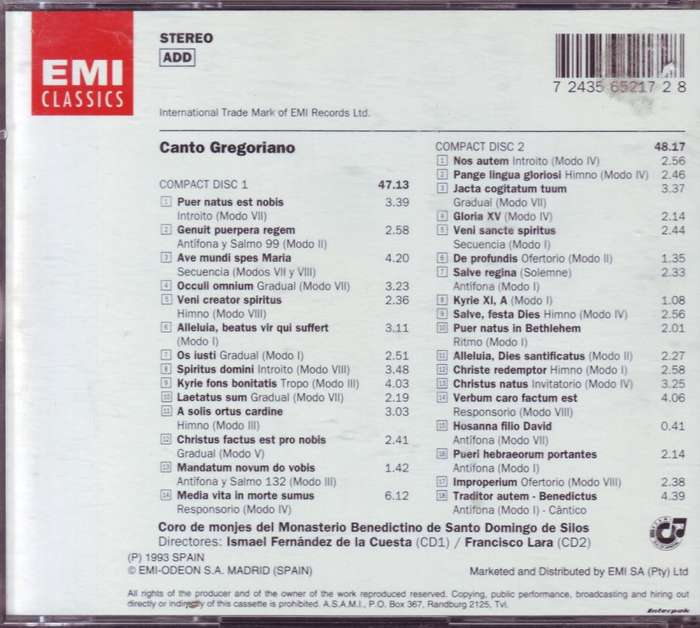 CANTO GREGORIANO - CORO DE MONJES DEL MONASTERIO BENEDICTINO DE SANTO DOMINGO DE SILOS  (2 CD)