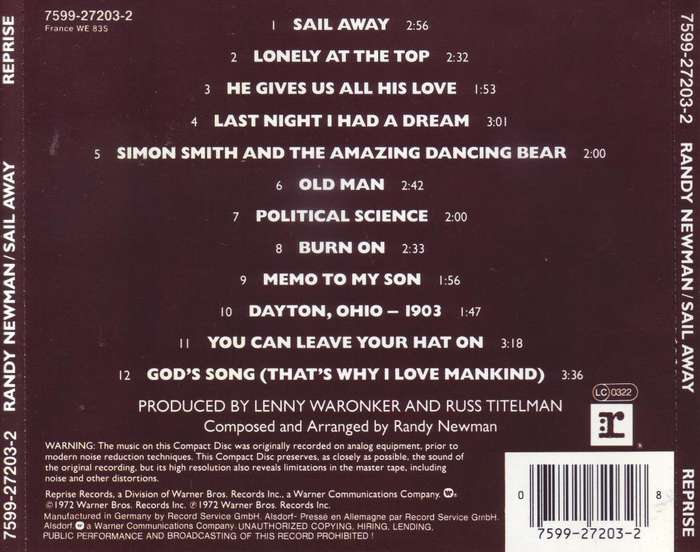 RANDY NEWMAN - Sail away (CD) 7599-27203-2  NM