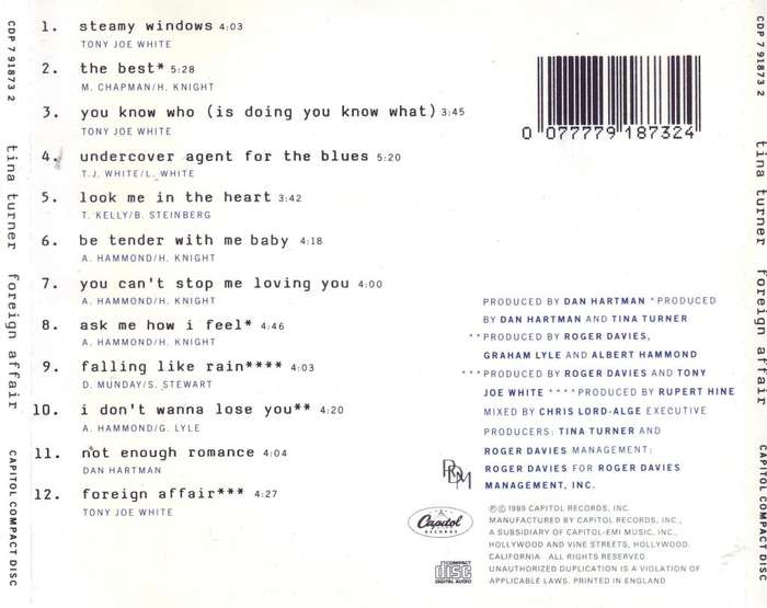 TINA TURNER - Foreign affair (CD) CDP 7 91873 2  NM