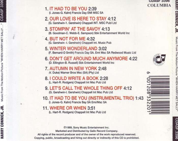 HARRY CONNICK JR. - Music From The Motion Picture  "When Harry Met Sally" (CD) CDASF 3396 NM