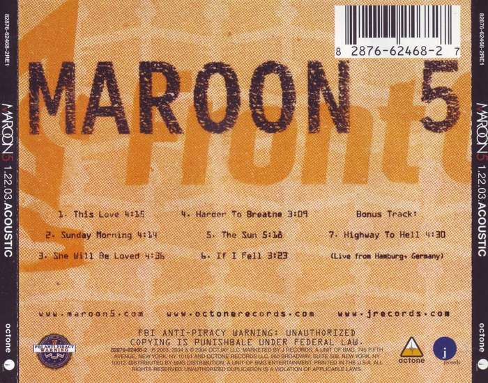 MAROON 5 - 1.22.03 acoustic (CD) 82876-62468-2RE1 VG to VG+
