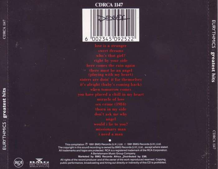 EURYTHMICS - Greatest hits (CD) CDRCA1147  VG