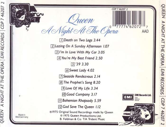 QUEEN  - A night at the opera (CD) CDP 7 46207 2 EX