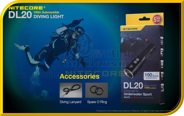 NITECORE DL20 100m Submersible Waterproof Diving Light Designed For Underwater Sports (1,000 Lumens)