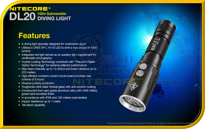 NITECORE DL20 100m Submersible Waterproof Diving Light Designed For Underwater Sports (1,000 Lumens)