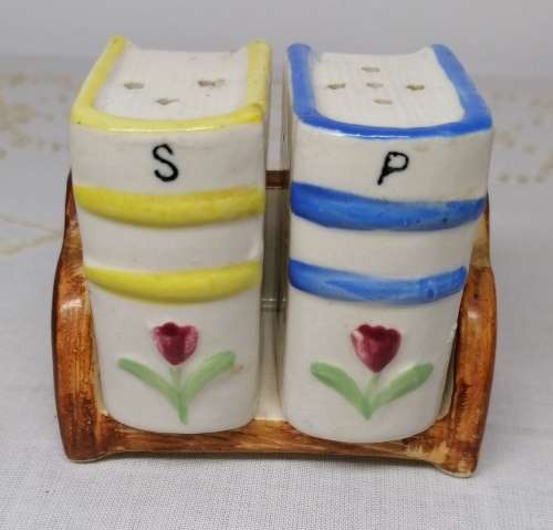 Salt and Pepper Shakers flower on spine of books and book case