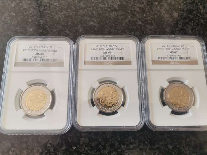 NGC Graded - 2011 South Africa R5 90TH Anniversary - Set of 7 coins - Bid per set