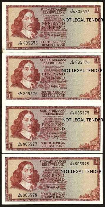 SA 1 Rand (TW de Jongh 1st issue)1967, A/E, 4 notes in numerical order