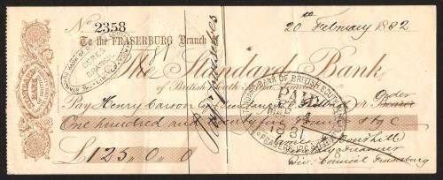Standard Bank of British South Africa 125 Pounds 1882 - Paid Cheque