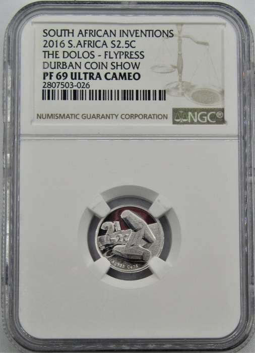 2016 2.5C SOUTH AFRICAN INVENTIONS-THE DOLOS-FLYPRESS  DURBAN COIN SHOW NGC PF69 ULTRA CAMEO