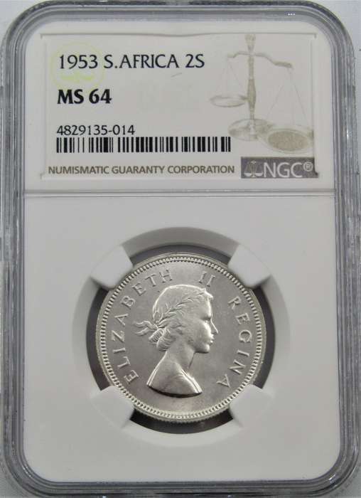 1953 Union of South Africa 2 Shillings NGC Graded MS64-SUPERB ICE-WHITE PREMIUM GEM