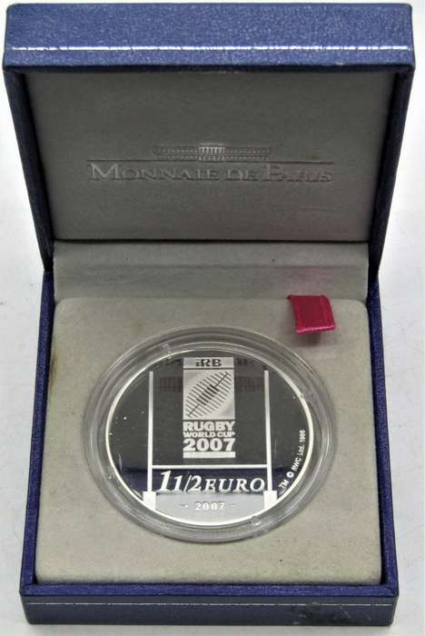 Monnaie De Paris Rugby World Cup 2007 1 1/2 Euro Silver Proof Coin in box of issue+COA