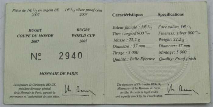 Monnaie De Paris Rugby World Cup 2007 1 1/2 Euro Silver Proof Coin in box of issue+COA