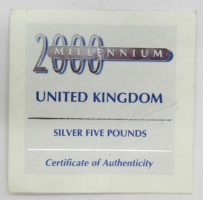 United Kingdom Millenium 2000 999 Silver Proof 5 Pounds in original box with COA