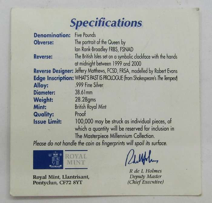 United Kingdom Millenium 2000 999 Silver Proof 5 Pounds in original box with COA