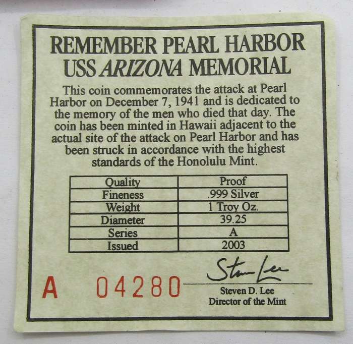 `Remember Pearl Harbor` beautiful  999 1 Ounce Silver medallion with original Box and COA