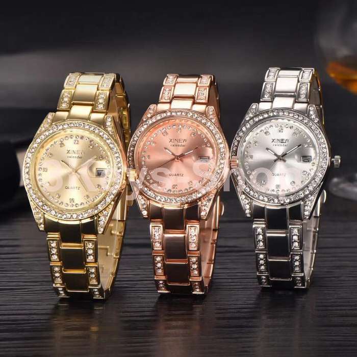 Watches Women Hot Luxury Brand Full Steel Diamond Date Clock Gold