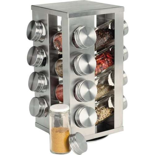 Stainless Steel Rotating Spice Display Rack with 16 Jar Bottles - Square