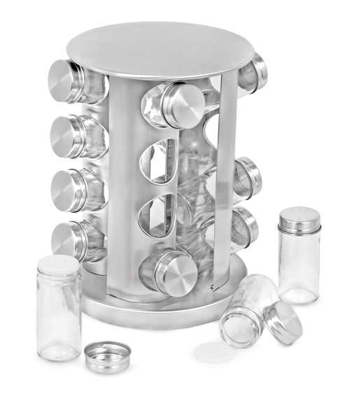 Stainless Steel Rotating Spice Display Rack with 16 Jar Bottles - Square