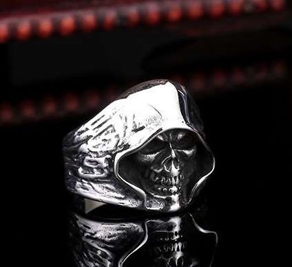 Stainless Steel Reaper Hooded Biker Skull Ring -- Silver -- Size 11 (US) | W (UK)