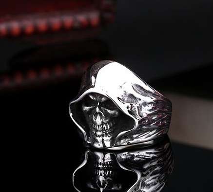 Stainless Steel Reaper Hooded Biker Skull Ring -- Silver -- Size 11 (US) | W (UK)