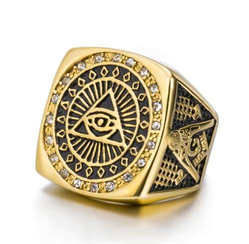 All-Seeing-Eye Illuminati Pyramid Stainless Steel Gold-Plated Ring - Size 11 (US) | W (UK)