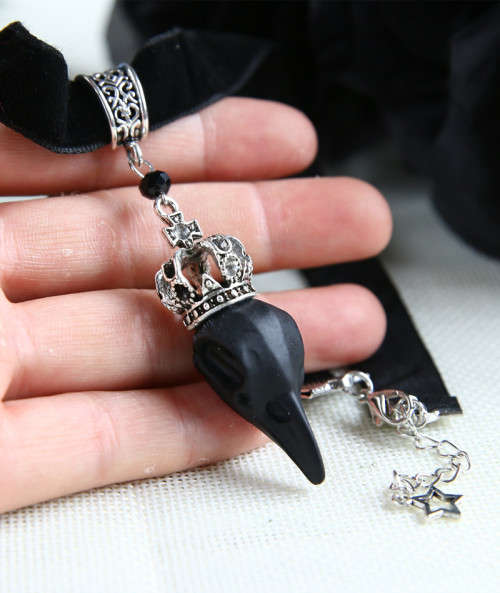Black Velvet Choker, Black Bird Skull Silver Crown Pendant