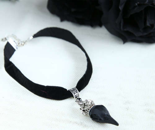 Black Velvet Choker, Black Bird Skull Silver Crown Pendant