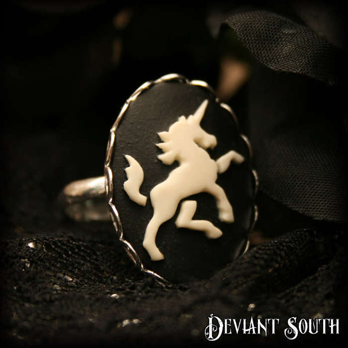 Deviant South Unicorn Cameo Silver Adjustable Ring