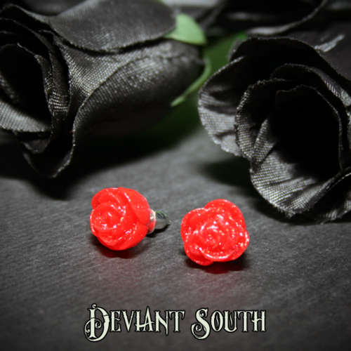 Glitter Rose Stud Earrings - Red