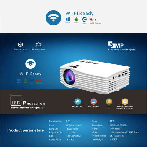 Household LED Video Portable Mini Home Projector,with WIFI Ready Free 1080P HDMI
