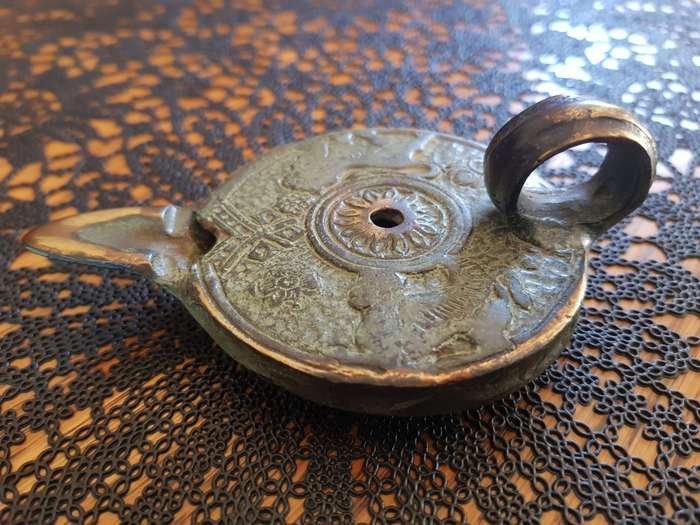 Antique Bronze Greek Oil Lamp showing the Griffin