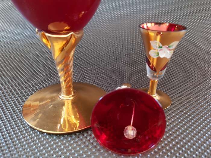 Vintage Venetian Hand Made Ruby Red Murano Glass, Set of Three 24K Gold Leaf - Red Porcelain Flower