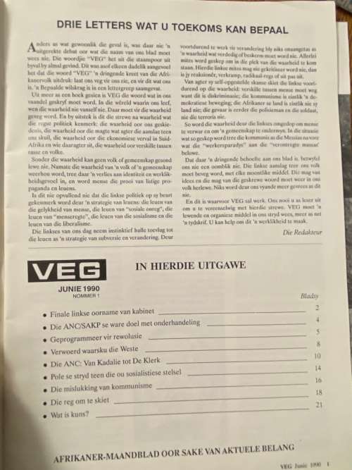 Veg, maandblad oor sake van aktuele belang. Junie 1990 nommer 1. Regse Politiek.