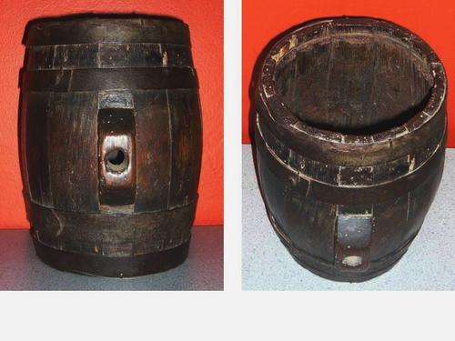 MINI OAK BARREL H=24 W=18 WAS USED AS STORAGE CONTAINER - READ DESC, SEE PICs  - POSTAGE R65