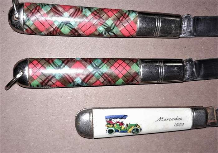 3 Richards Sheffield Pocket Knives - 2 Plaid design handle & 1 Mercedes 1903- as per picture