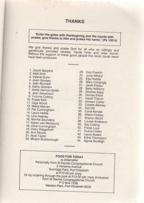 FOOD FOR THOUGHT - ST DAVID'S CONGREGATIONAL CHUCH, PORT ELIZABETH (1989)