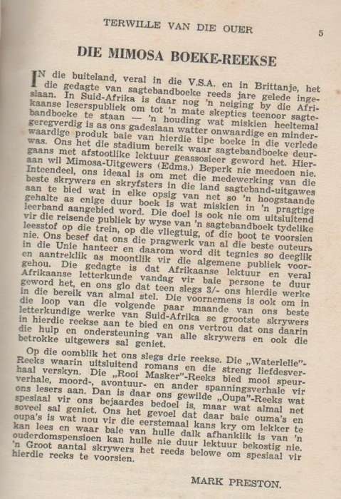 TER WILLE VAN DIE OUER - PIETER G RETIEF (OUD - MIMOSA-REEKS)