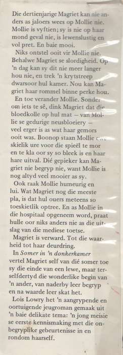 SOMER IN `N DONKER-KAMER -  LOIS LOWRY VERTAAL DEUR ELSABE STEENBERG (1 STE UITGAWE 1981)