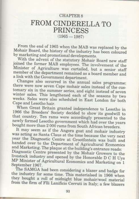 CINDERELLA TO PRINCESS, THE STORY OF MOHAIR IN SOUTH AFRICA 1838 -1988 - D S UYS