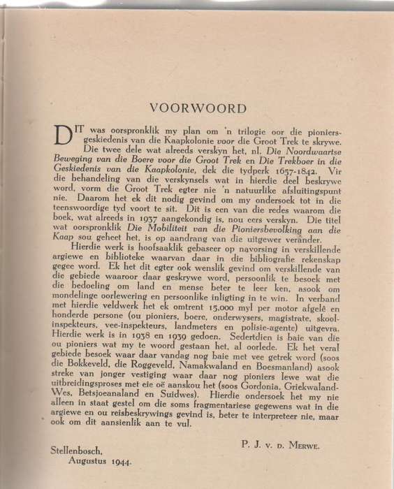 TREK - DR P J V D MERWE (ONS GESKIEDENIS-SERIE- 1945)
