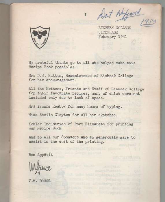 RIEBEEK COLLEGE RECIPE BOOK 1981 - CONTRIBUTED BY STAFF AND PARENTS (UITENHAGE )