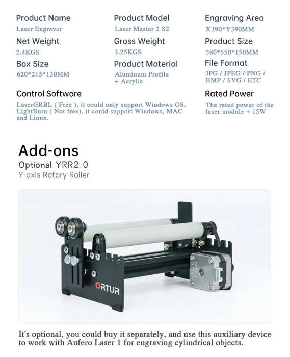 ORTUR Laser Master 2 S2 SF 20W Laser Engraver Cutting Laser Engraving Machine + Y axis Rotary Roller
