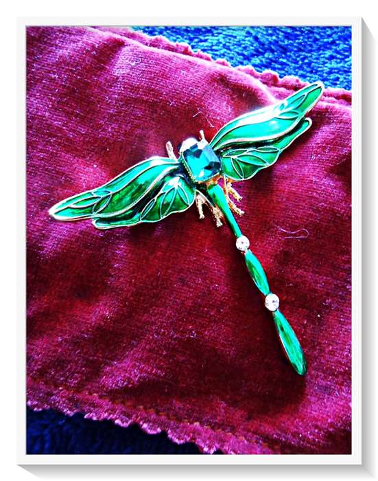 A Fine Classical Style Metal Brooch in Shimmering Green Enamel with a Blue Rhinestone*