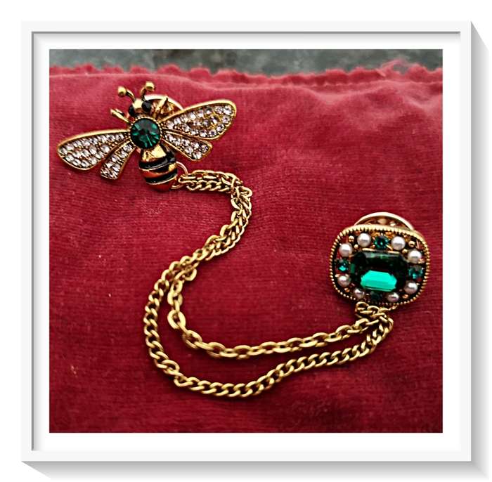 The Most Exquisite Little Bee Pin with Emerald Green and Gold Safety Chain Pin - For Him or Her*