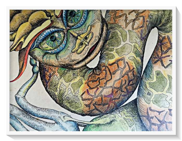 Vintage Color Drawing UNTITLED of a Medusa Like Creature by 1980s Phantastic Surrealist Artist Wally