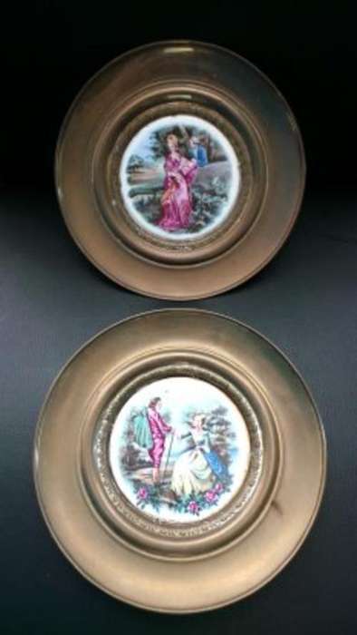 TWO VERY CLASSICAL BRASS PLATES HOLDING ROUND PORCELAIN TILES DEPICTING FAIR LADIES**