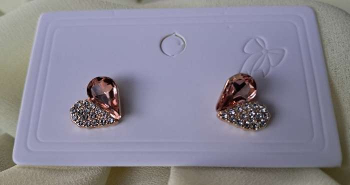 Diamante Heart Earrings - Gold, Soft Pink